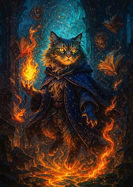 Wizard Fantasy Cat Conjuring Fire