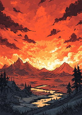 Orange Sky Landscape with Mountains