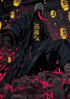 Dark Figure with Lanterns and Jars