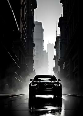 BMW in Foggy Cityscape