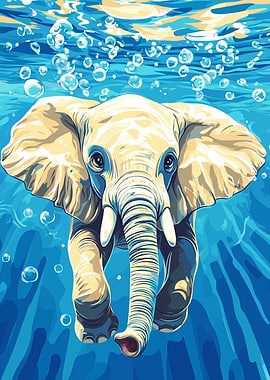 Elephant swimming underwater with bubbles