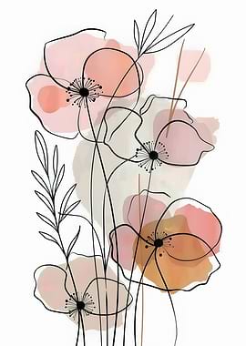 Floral Line Art with Watercolor Accents