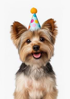 Yorkie Puppy with Birthday Hat