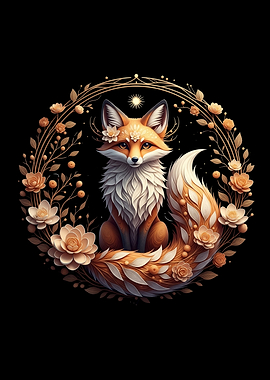 Fox with Floral Wreath on Black
