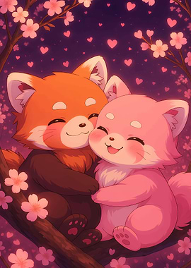 Red Panda Love in Cherry Blossoms