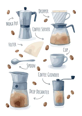Coffee Brewing Methods Watercolor Illustration