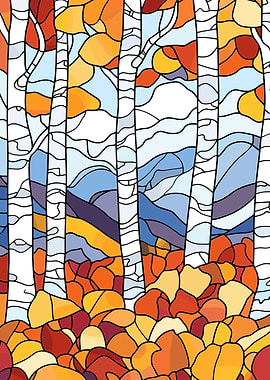 Autumn Birch Trees Stained Glass Style