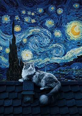 Cat on Roof, Starry Night Style