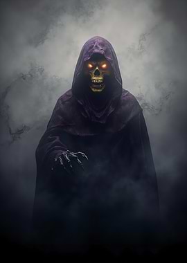 Hooded Skeleton Figure in Smoky Darkness