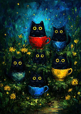 Black Cats in Teacups Painting