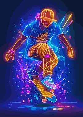 Neon Athlete in Mid-Air Jump