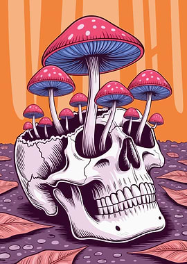 Skull with Mushrooms Illustration