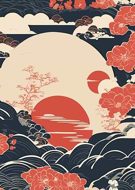 Japanese Landscape with Flowers and Waves