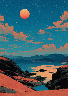 Orange Moon Over Tranquil Landscape