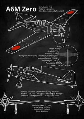 A6M Zero blueprint on chalkboard