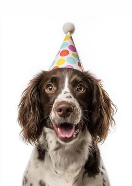 English Springer Spaniel Dog with Birthday Hat Portrait