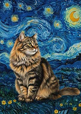 Cat in Starry Night Style