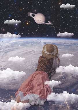 Dreamy Girl in Space with Saturn