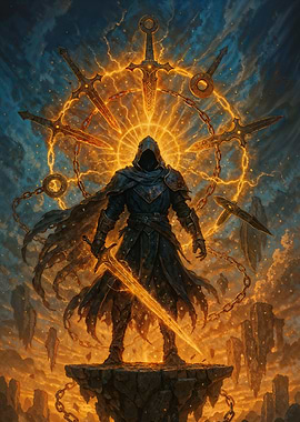 Hooded Warrior with Sword Halo and Chains