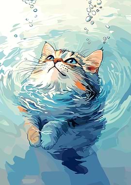 Cat in Water Digital Art