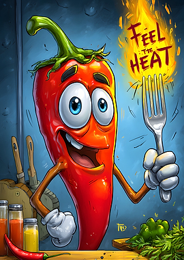 Cartoon Chili Pepper with Fork and Flame