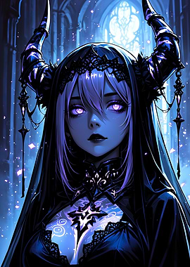 Horned Anime Girl in Gothic Setting