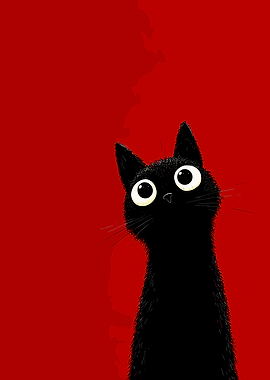 Cartoon Black Cat on Red Background