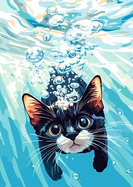 Cat underwater with bubbles illustration