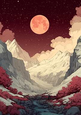 Mountain Valley Under a Red Moon