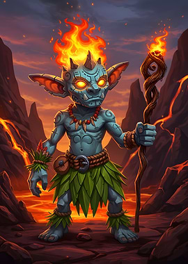 Cartoon Fire Goblin in Volcanic Landscape