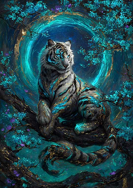Mystical White Tiger in Teal Forest