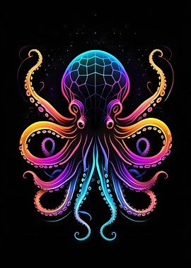 Colorful Neon Octopus on Black Background