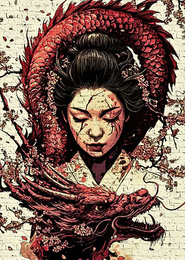 Geisha with Dragon and Cherry Blossoms