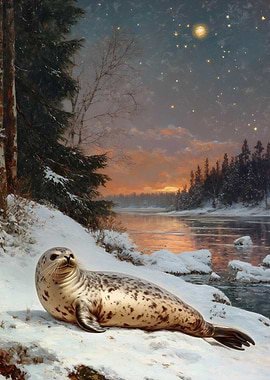 Seal in Winter Landscape Painting
