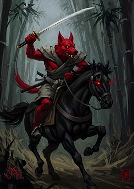 Red Wolf Samurai on Black Horse