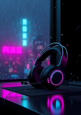 Gaming Cyberpunk Headset – Neon Pink and Blue Futuristic Gamer Art