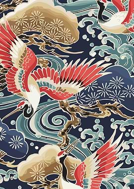 Japanese Crane and Wave Pattern