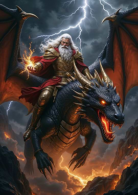 Wizard riding a dragon in storm