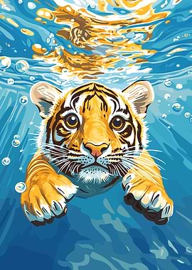 Tiger Cub Swimming Underwater