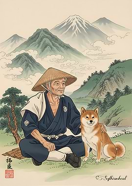 Man and Shiba Inu in Landscape