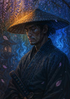 Meditating Samurai in a Floral Setting