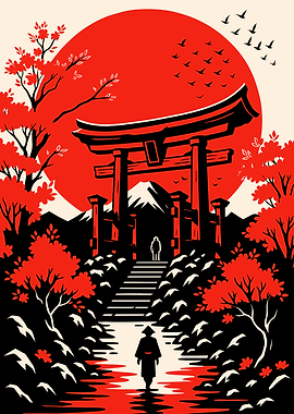 Japanese Landscape with Torii Gate