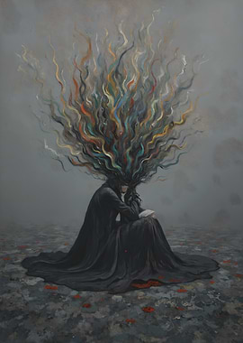 Contemplation in Black Robe with Colorful Thoughts