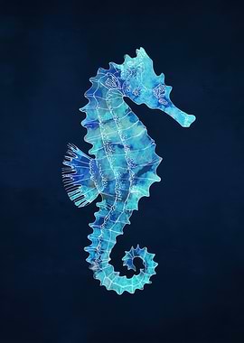 Blue Watercolor Seahorse on Dark Background
