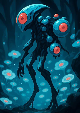 Blue Alien Creature in Floral Landscape