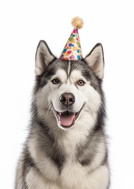 Husky Dog with Party Hat