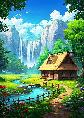 Anime Style Cabin by Waterfall