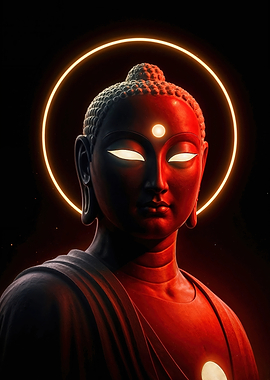 Enlightened Glow: Modern Red Buddha Wall Art with Neon Halo — Spiritual Decor for Meditation