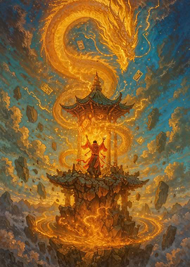 Golden Japanese Dragon and the Wizard
