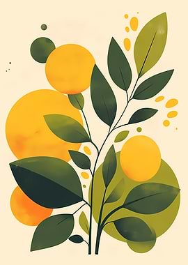 Abstract Botanical Illustration with Yellow Circles